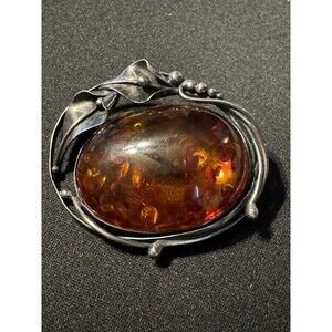 Large Amber Brooch Vintage Pin Back.  (Not signed but tested 925)